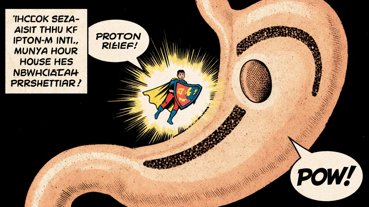 Aciphex tablet blocks a stomach proton pump in a comic‑style action scene.