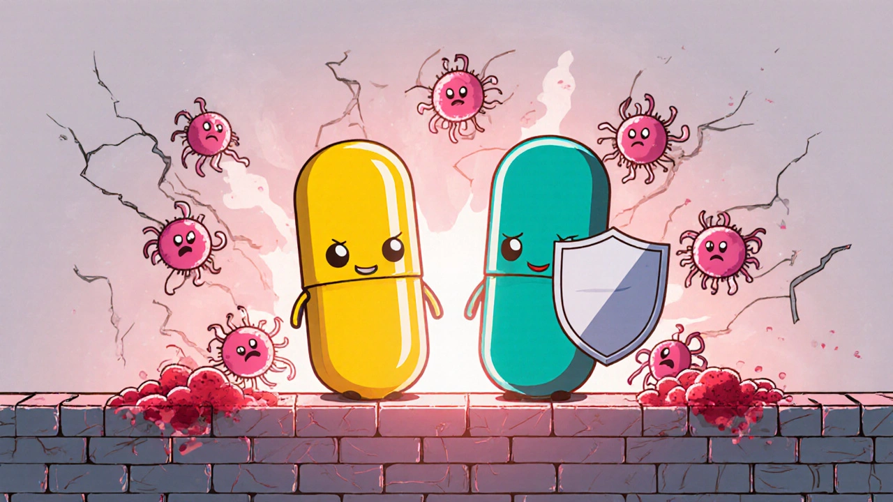 Chibi amoxicillin and clavulanic acid pills defending a bacterial cell wall from cartoon bacteria.