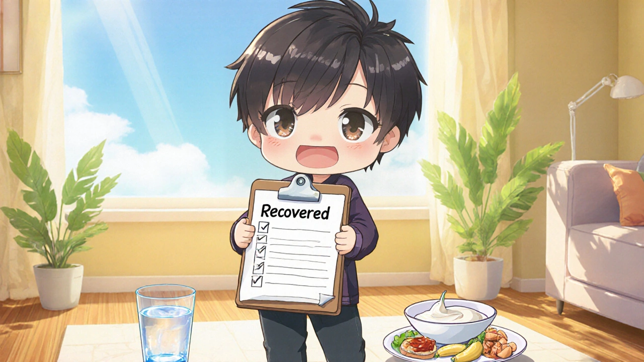 Chibi character happily stands with water, yogurt, and BRAT foods after recovery.