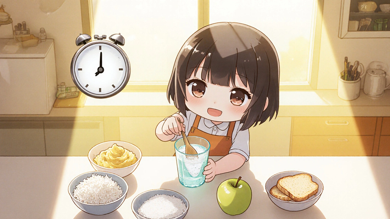 Chibi character prepares oral rehydration and BRAT foods in a bright kitchen.