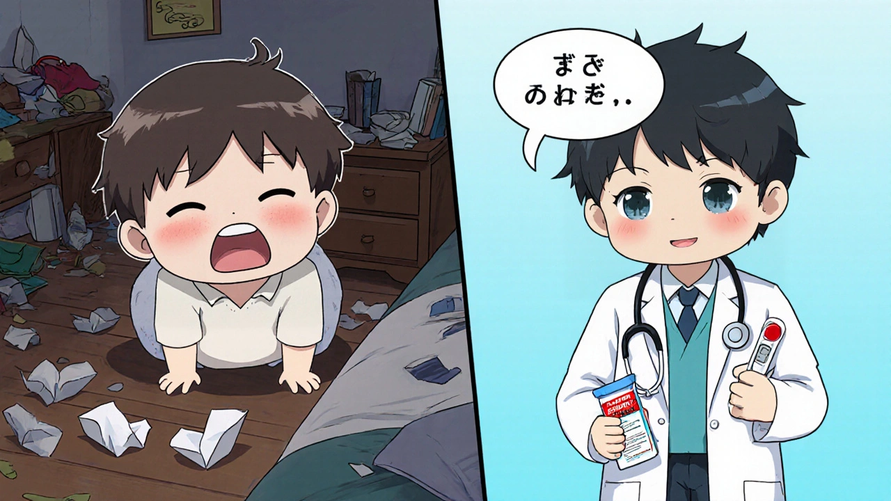 Chibi child with drooling and high fever next to a caring chibi doctor with a test kit.