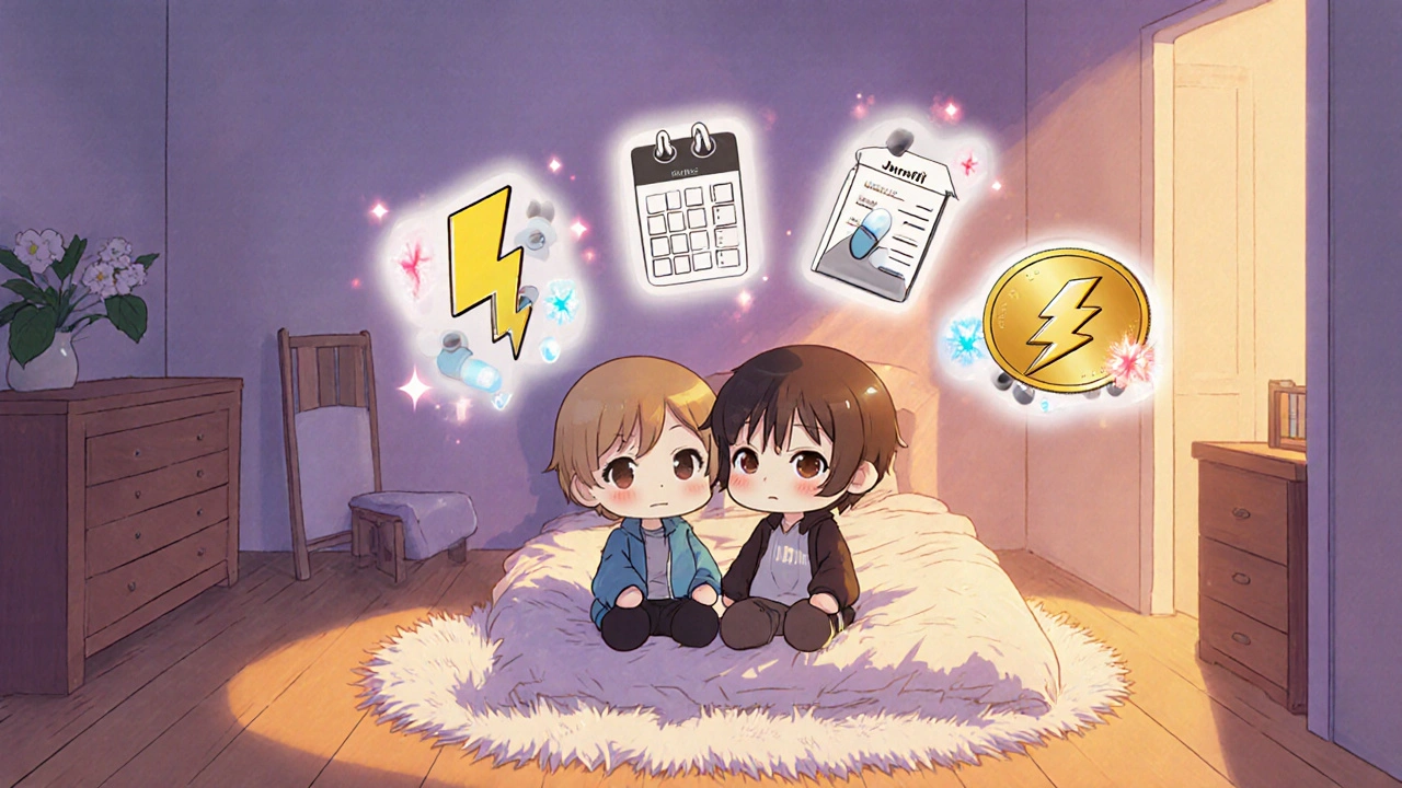 Chibi couple in a cozy bedroom with four pill mascots hovering, illustrating different usage scenarios.