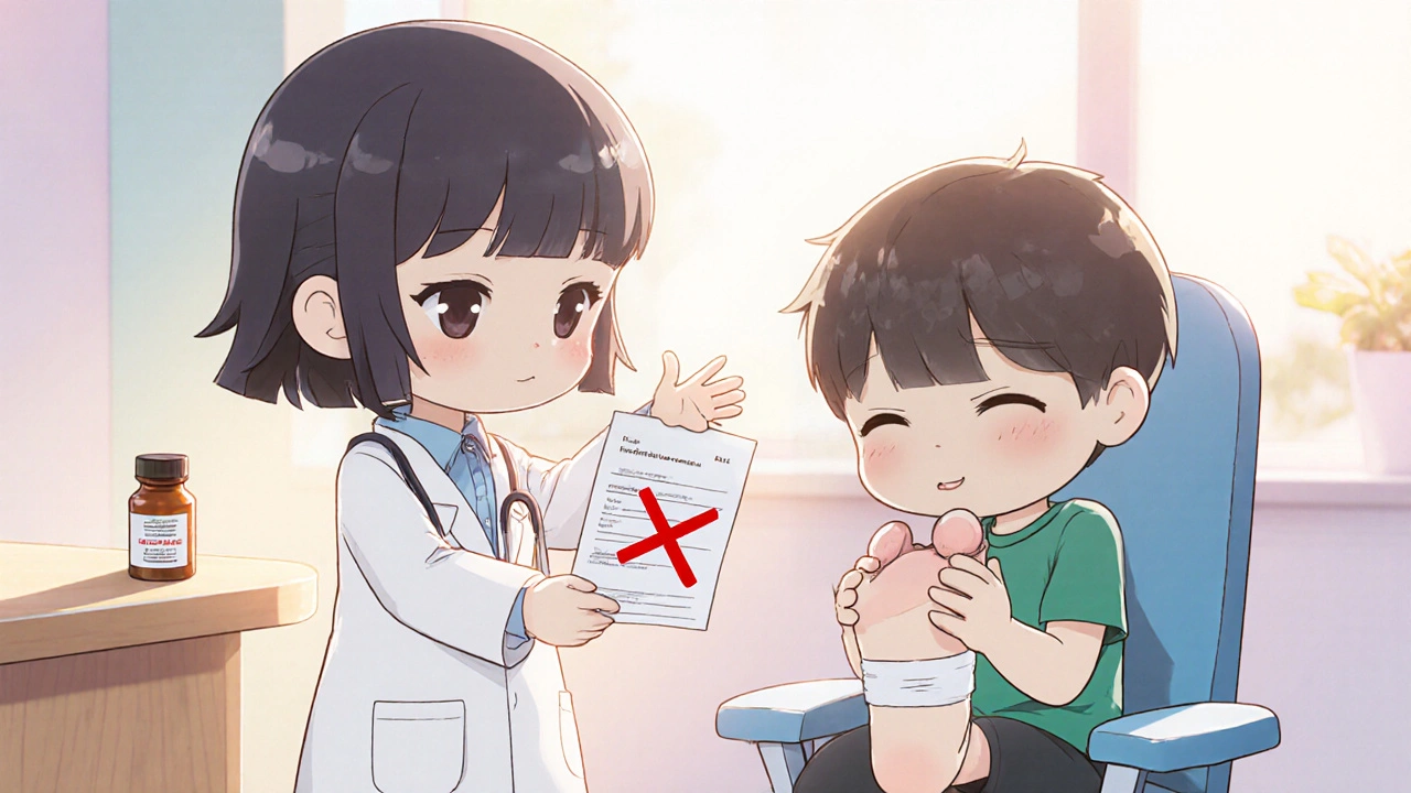 Chibi doctor shows a crossed‑out prescription while a patient rests with a bandaged heel.
