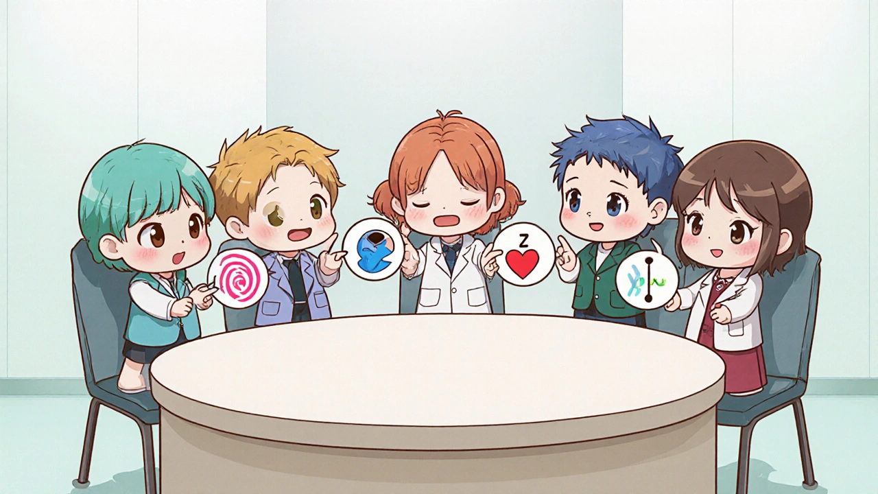 Chibi medication mascots comparing side‑effect symbols around a table.