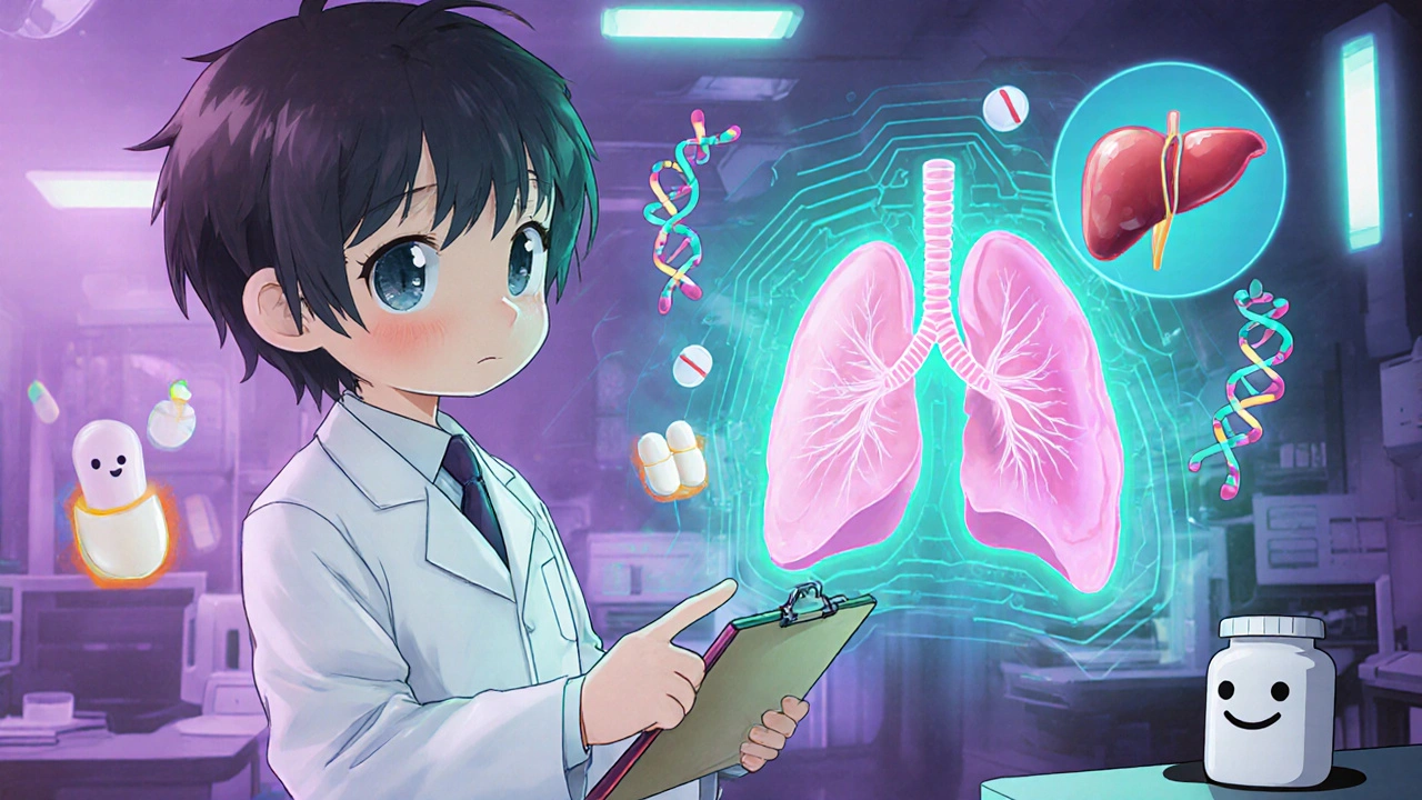 Chibi researcher examining a holographic lung with pill icons and DNA strands for personalized dosing.