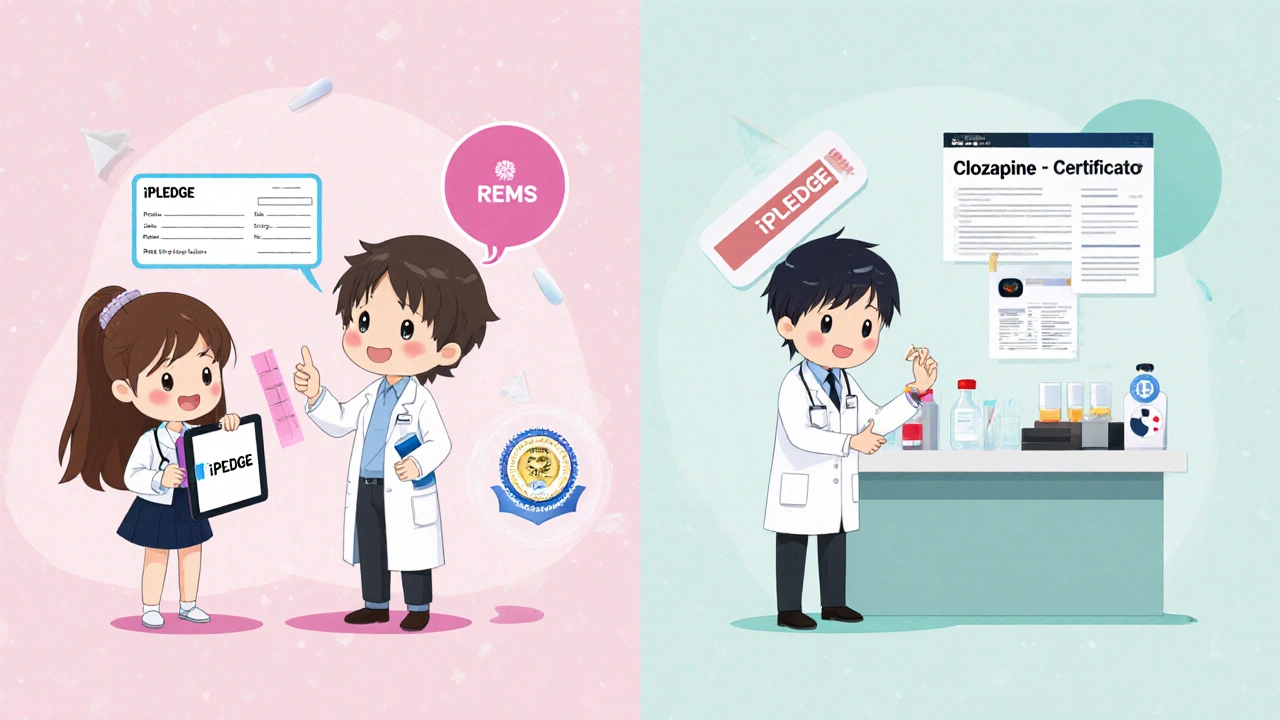 Chibi scenes of iPLEDGE pregnancy testing and Clozapine blood‑test monitoring.