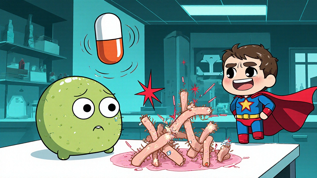 Chibi tenocyte looks distressed as fluoroquinolone and steroid molecules damage collagen fibers.