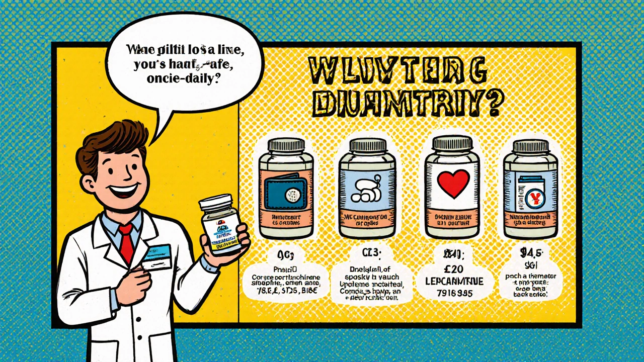 Comic panels comparing Plendil, Amlodipine, Nifedipine ER, Lercanidipine, and Diltiazem.