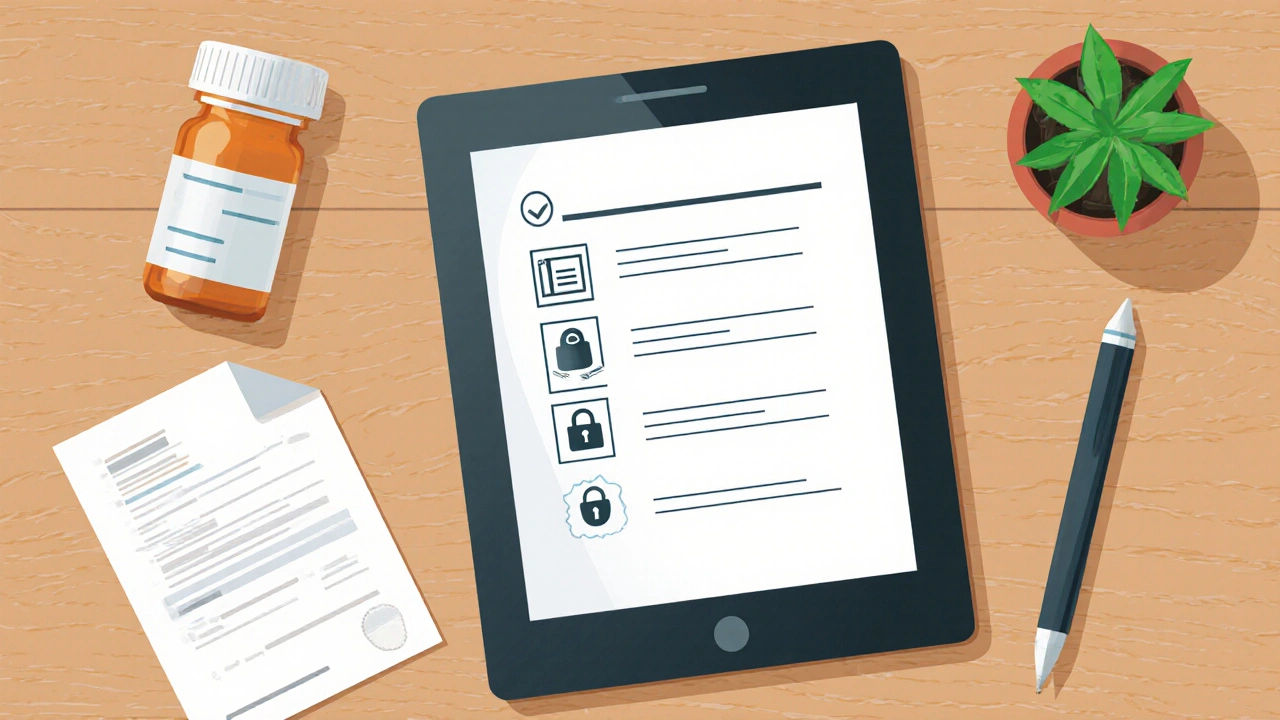 Desk flat lay showing checklist icons and a generic pill bottle on a tablet.