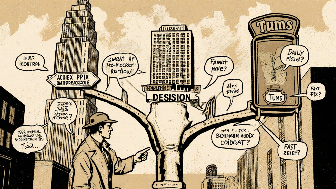 Detective guide pointing to a decision tree with PPI, H2 blocker, and antacid paths.