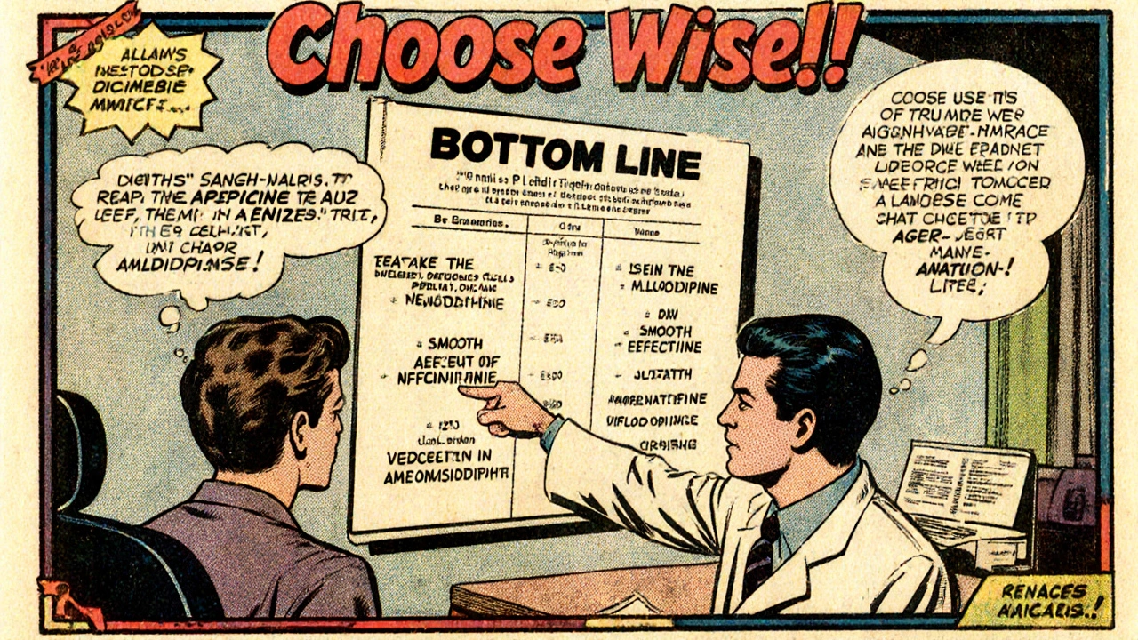 Doctor and patient reviewing a chart of blood‑pressure drug options.