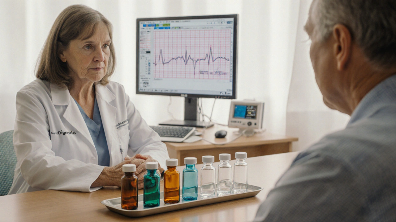 Doctor consulting patient with unlabeled medication vials representing heart drugs on a desk.