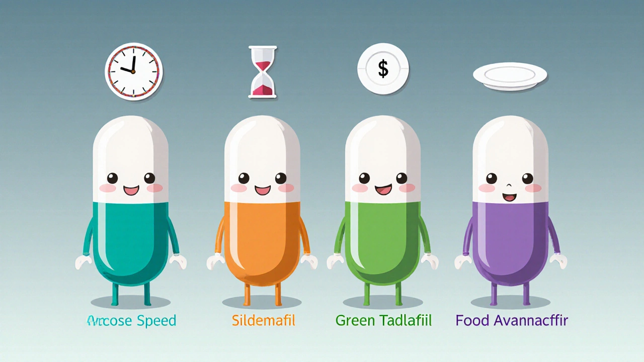 Four colorful chibi pill characters in a row, each displaying icons for onset, duration, cost, and food effect.
