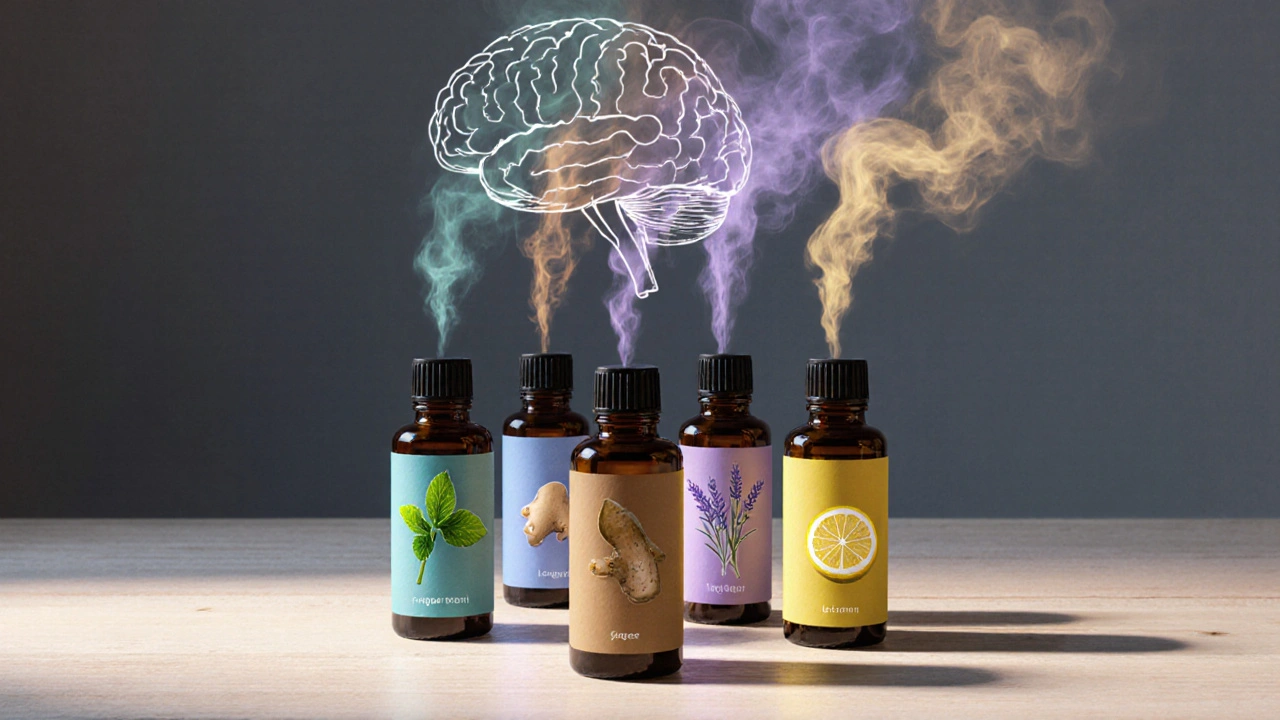 Four essential oil bottles releasing colored vapors representing peppermint, ginger, lavender, lemon.