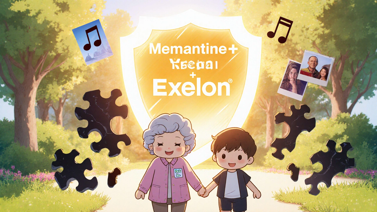 Grandmother and grandson walking together, protected by a shield of combined dementia medications and life-support icons.