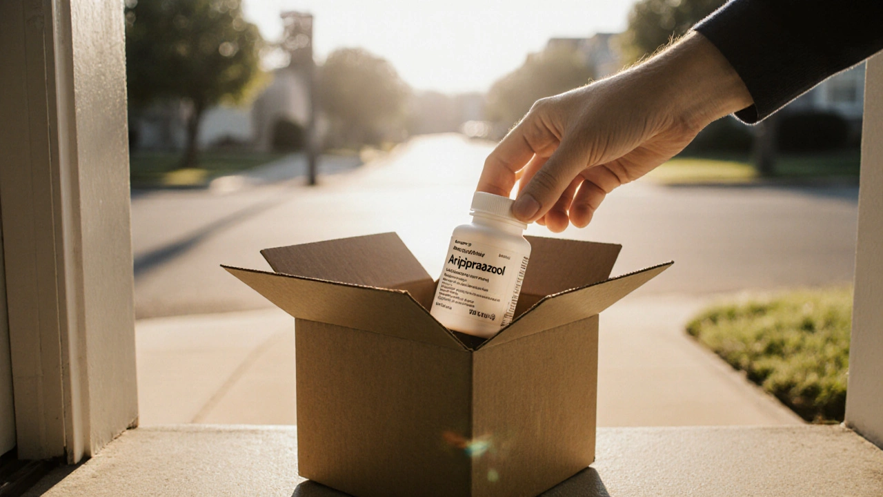 Hands opening a delivery box and inspecting a bottle of generic aripiprazole.
