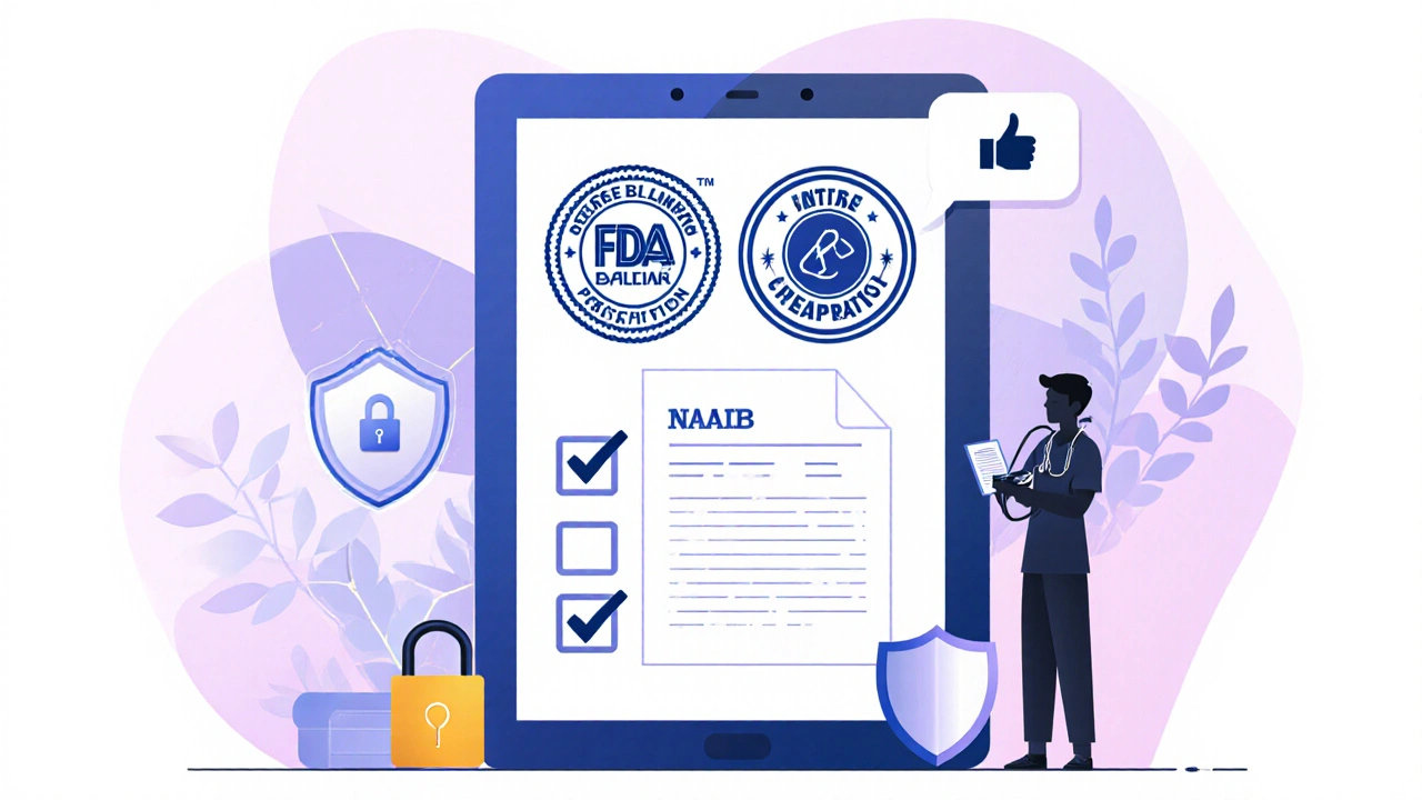 Illustrated checklist with FDA seal, pharmacist review, and secure lock icons.