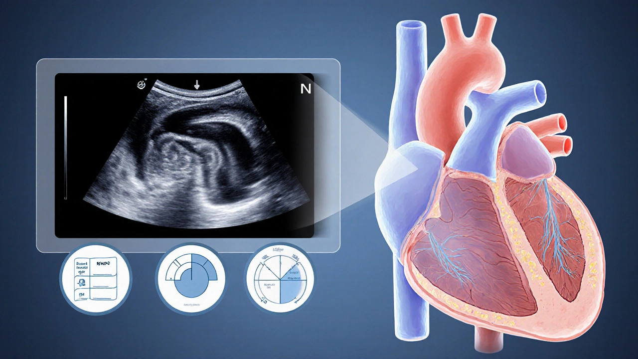 Medical illustration of an aged heart showing low ejection fraction and thick walls.
