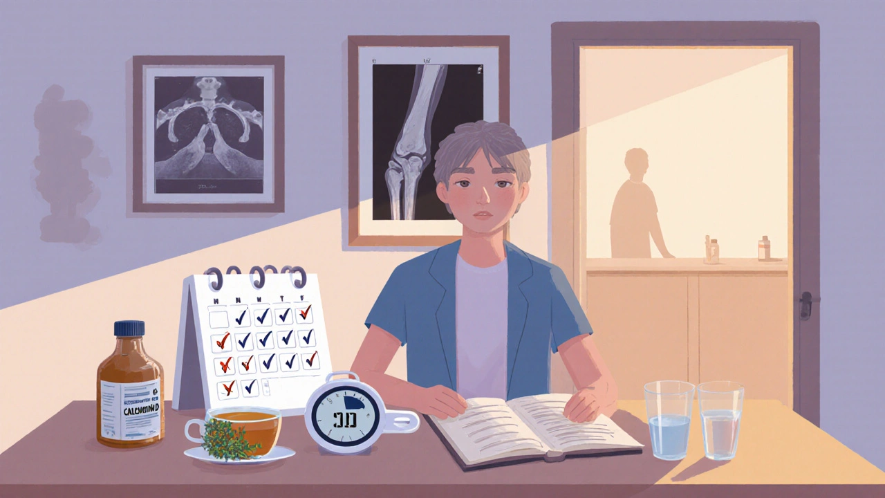 Patient at home reviewing a calendar, glucose monitor, supplements, and bone scan.