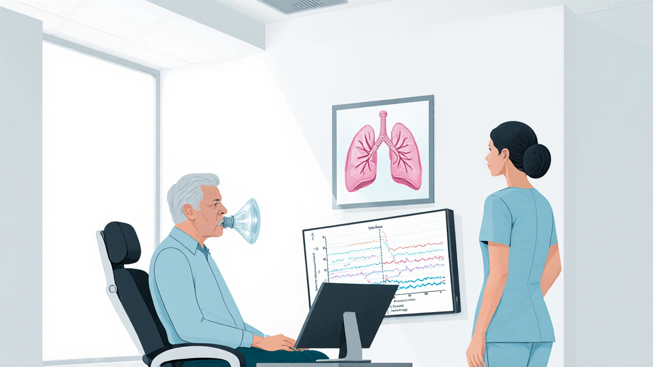Patient performing spirometry test with therapist and lung graphs in clinic.