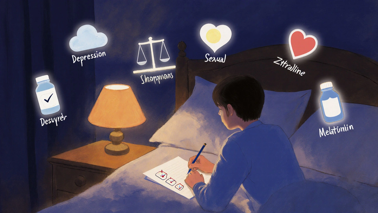 Person writing a checklist beside floating icons for symptoms and medication options in a cozy bedroom.