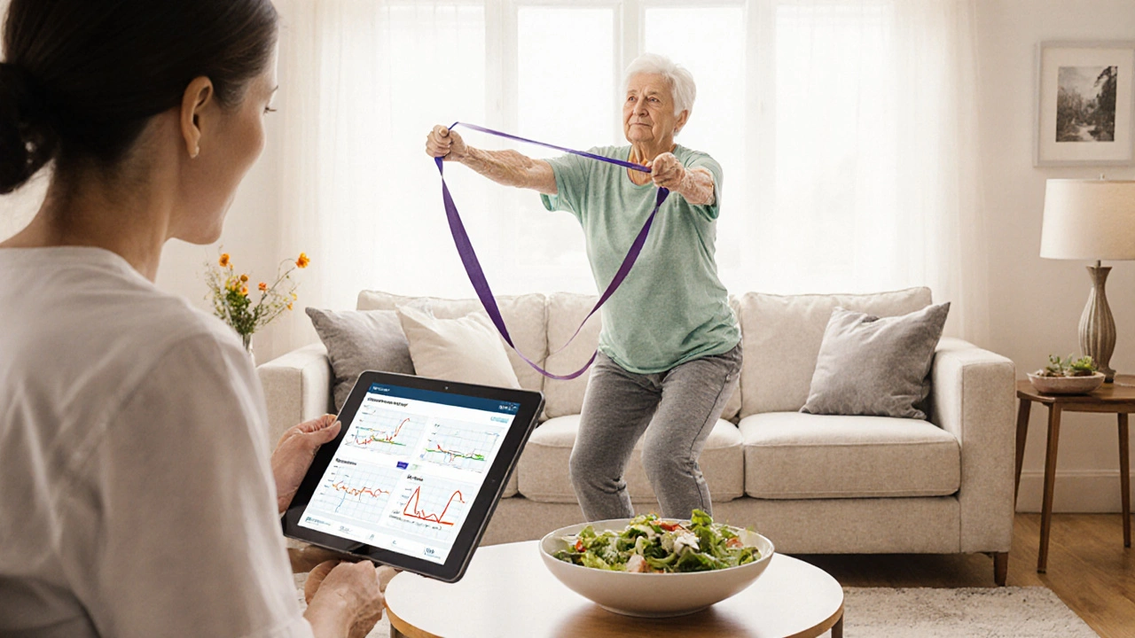 Senior woman exercising at home while using telemonitoring device and healthy food.