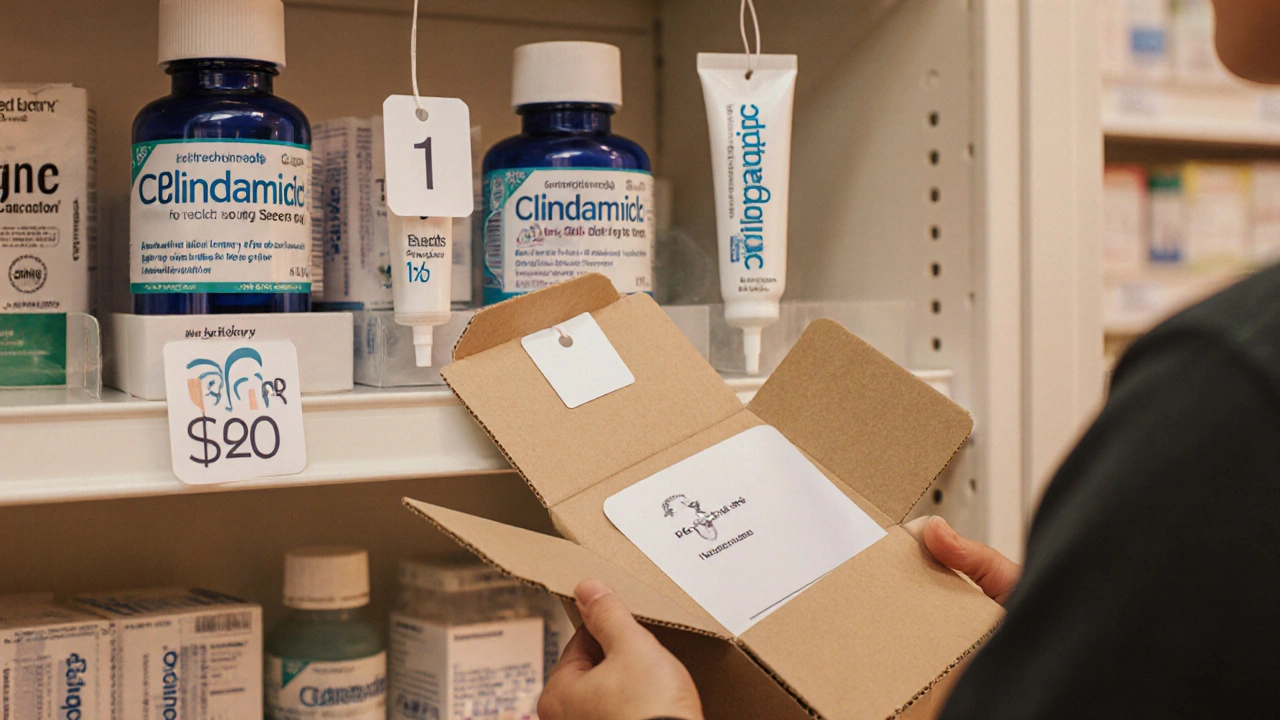 Shelf with clindamycin tablets, capsules, gel tube, suspension bottle and a delivery box being opened.