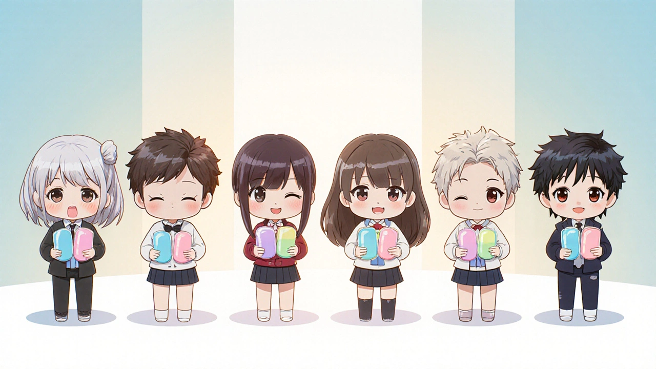 Six chibi characters each representing a different antiepileptic drug.