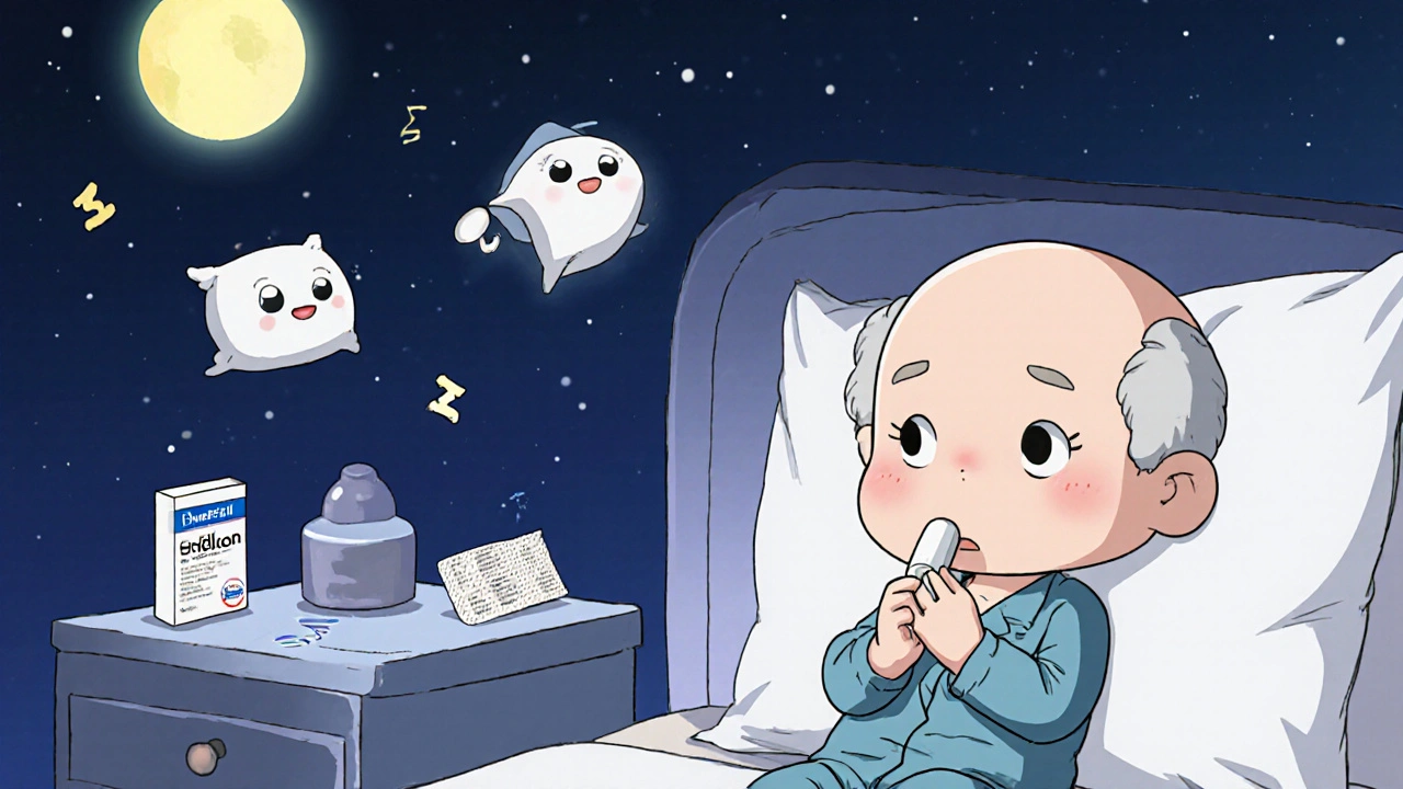 Sleepy elderly man taking a once-daily Donepezil pill at night with insomnia symbols fading.