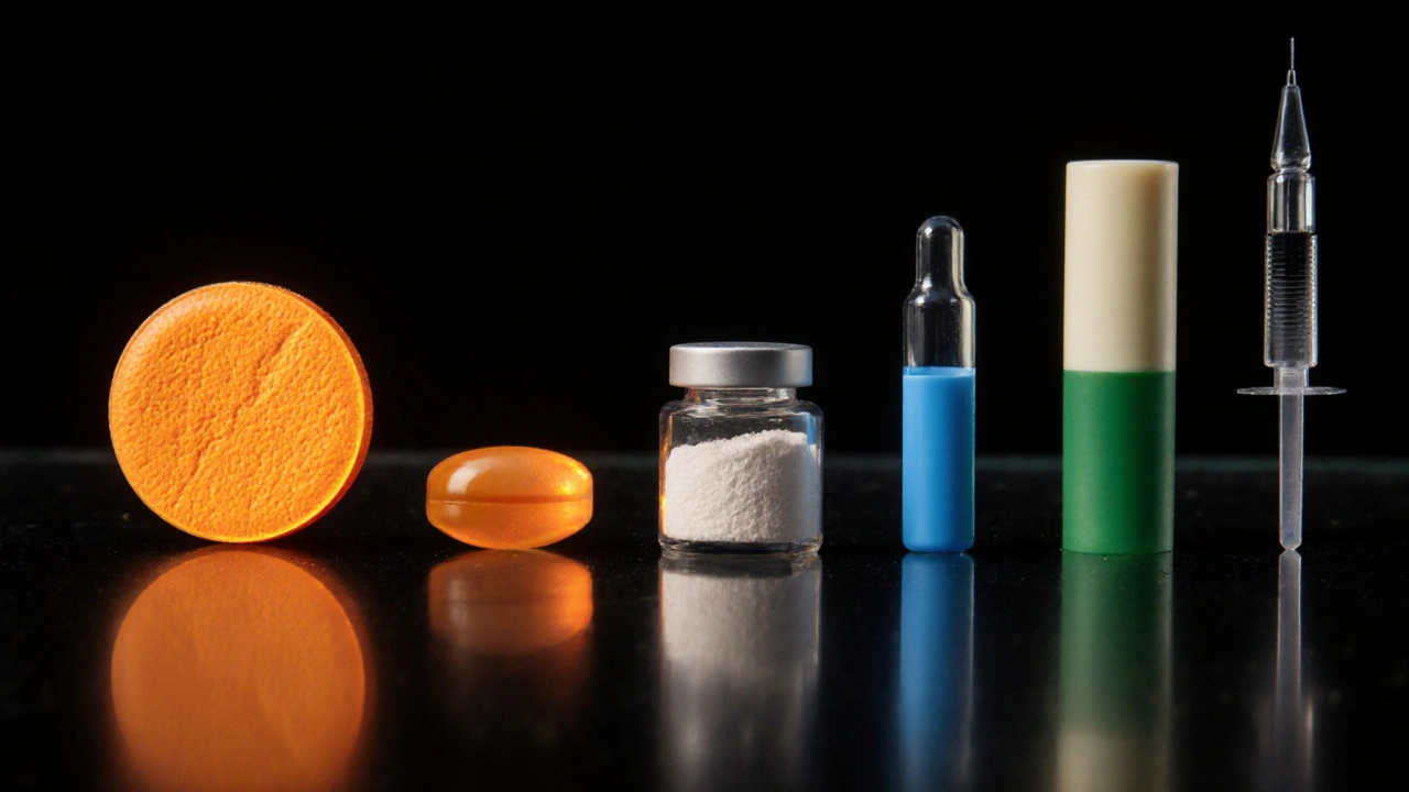 Still‑life of six different steroid forms arranged on a dark glass table.