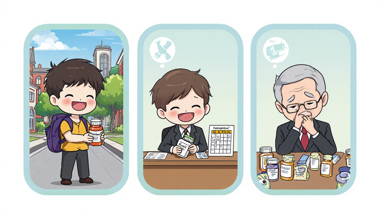 Three chibi characters illustrating different patient scenarios choosing antidepressants.