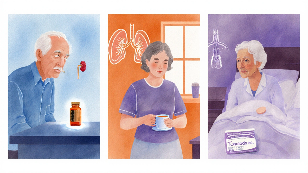 Three watercolor panels showing elderly patients with kidney, asthma, and thyroid issues.
