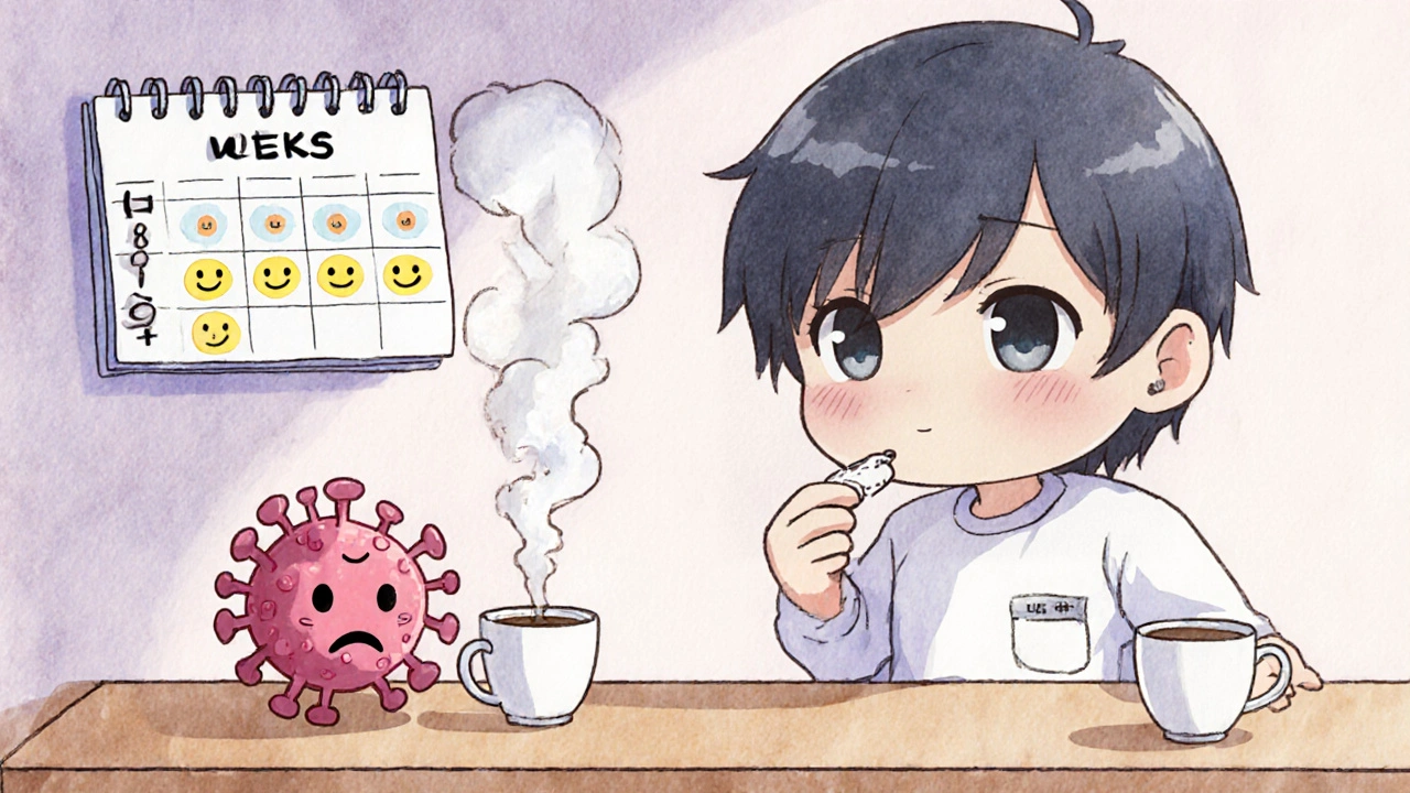 Tiny patient taking medication with coffee as the virus fades away