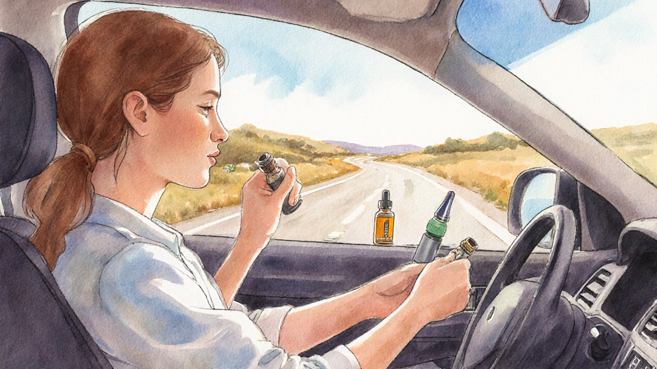 Traveler applying diluted essential oils to wrists while a diffuser and inhaler sit in a car.