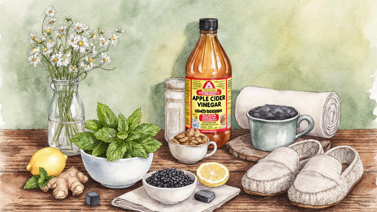 Watercolor still life of peppermint, ginger, fennel, chamomile, lemon, ACV, yogurt, charcoal, shoes and a warm compress.