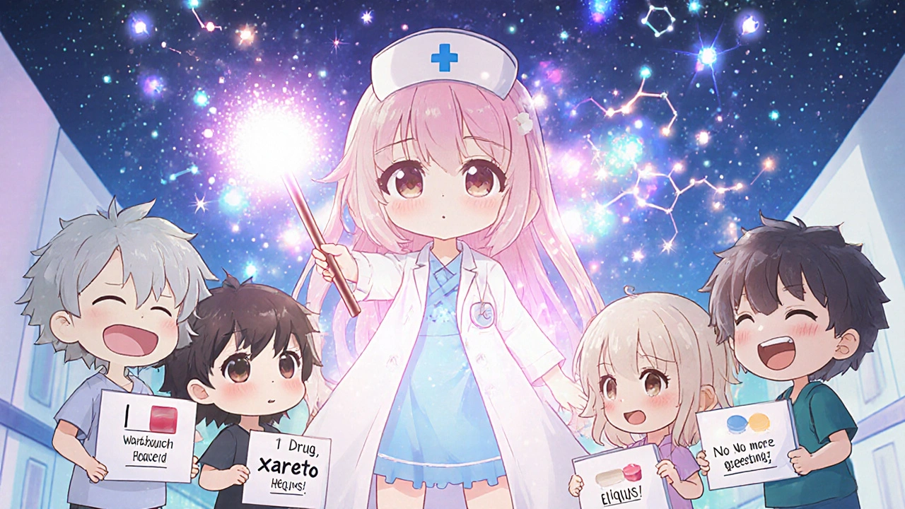 A magical fairy doctor neutralizing all blood thinners with a glowing wand in a futuristic hospital.