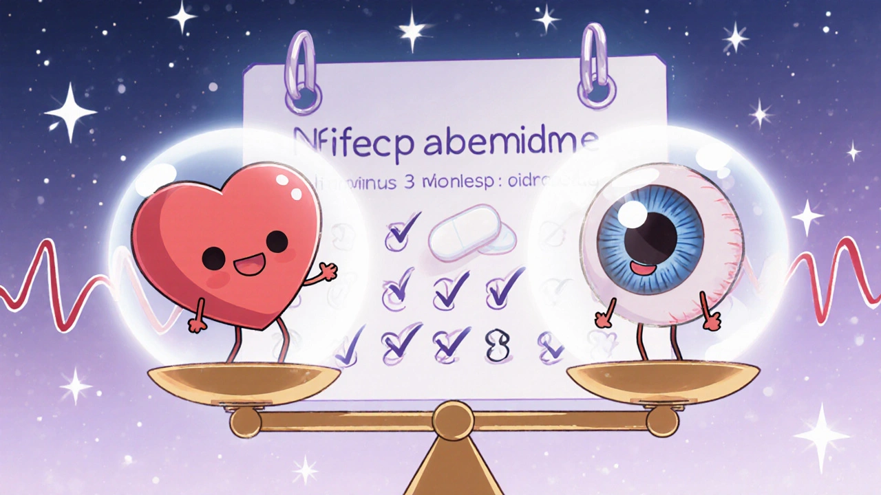 Balanced scale with heart and eye holding hands, nifedipine pills in center with medical checkup calendar.