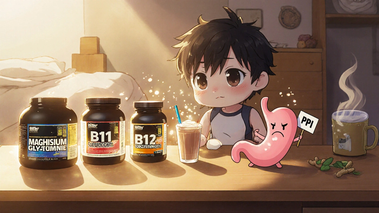 Chibi athlete taking supplements with glowing bottles and elevated bed in background.