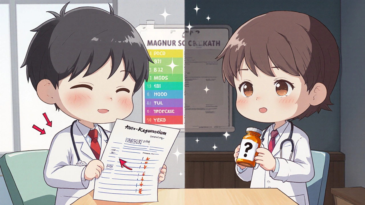 Chibi doctor showing blood test results to patient with before-and-after energy contrast.