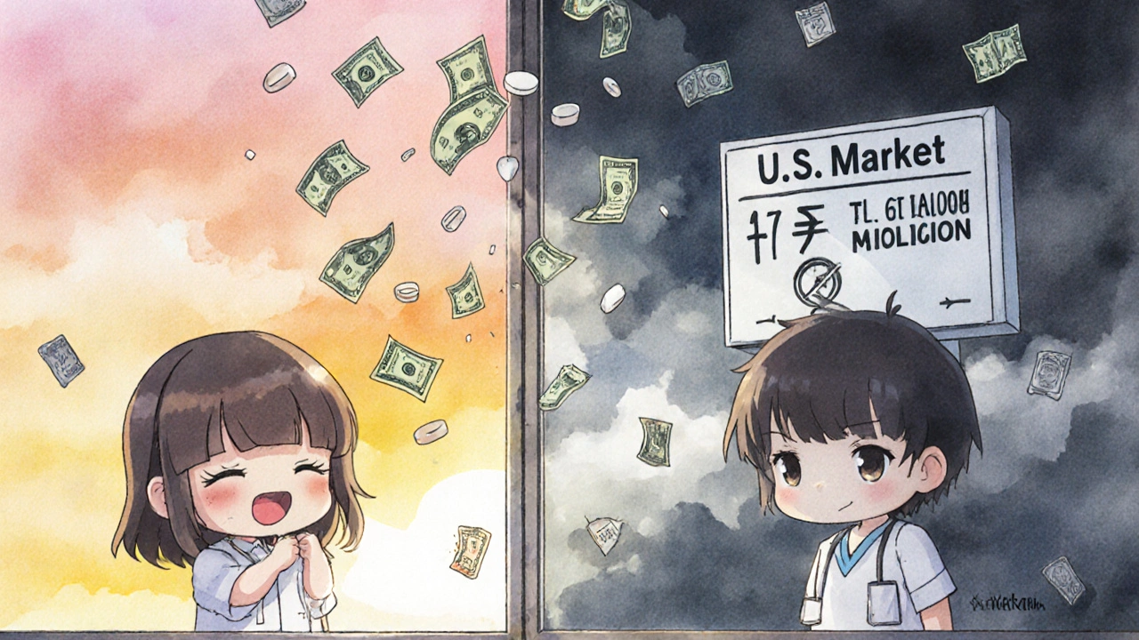Chibi patient in Germany happy with affordable pill while U.S. patient looks on sadly.