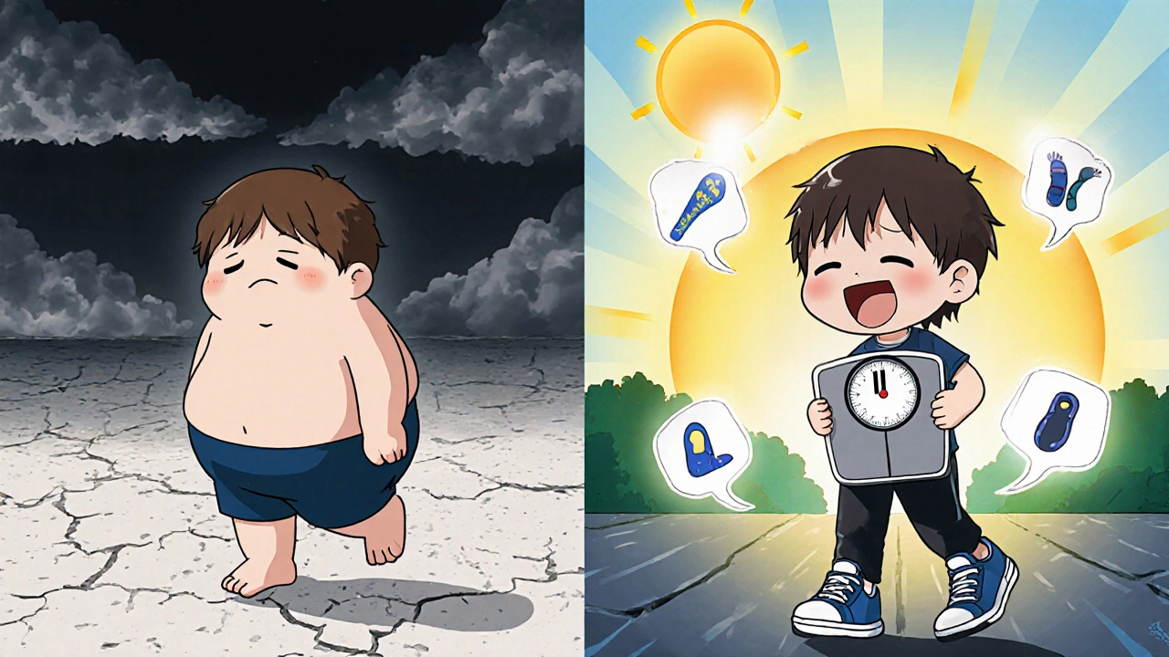 Chibi person transformed from painful barefoot walking to happy, supported walking after weight loss and proper footwear.