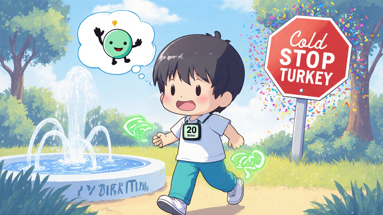 Chibi person walking in park with glowing energy, symbolizing daily exercise helping steroid taper.