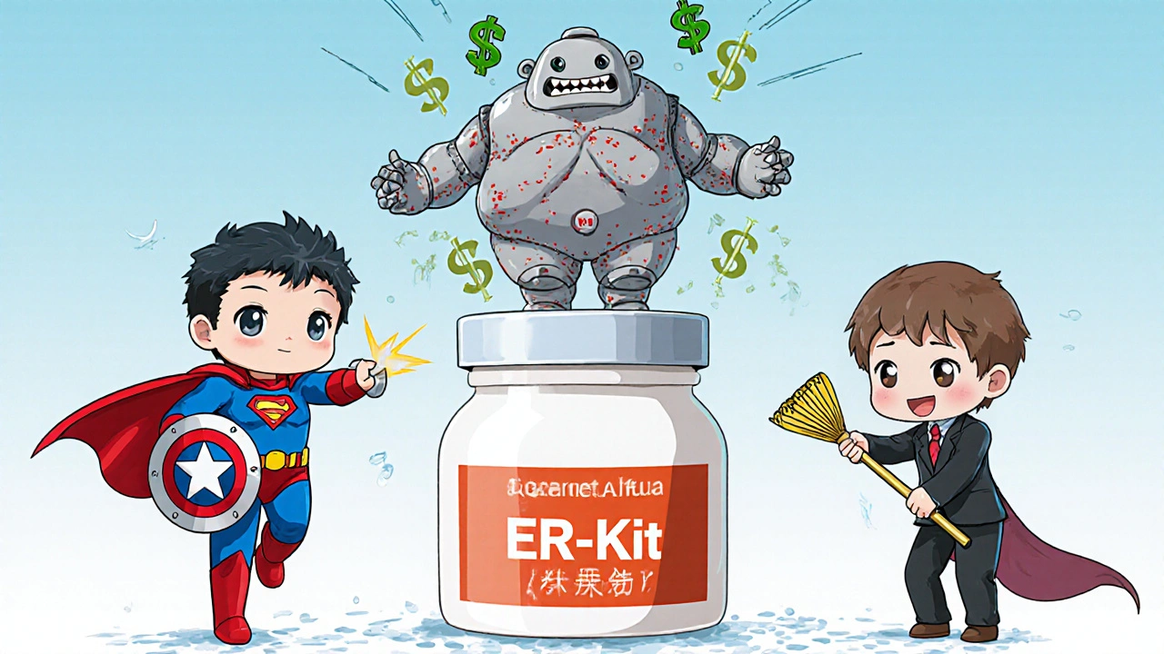 Chibi reversal agents portrayed as heroes fighting anticoagulant monsters in a pharmacy-themed battle.