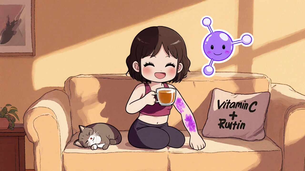 Chibi woman drinking tea, bruises gone, rutin molecule floating above her knee with cat nearby.
