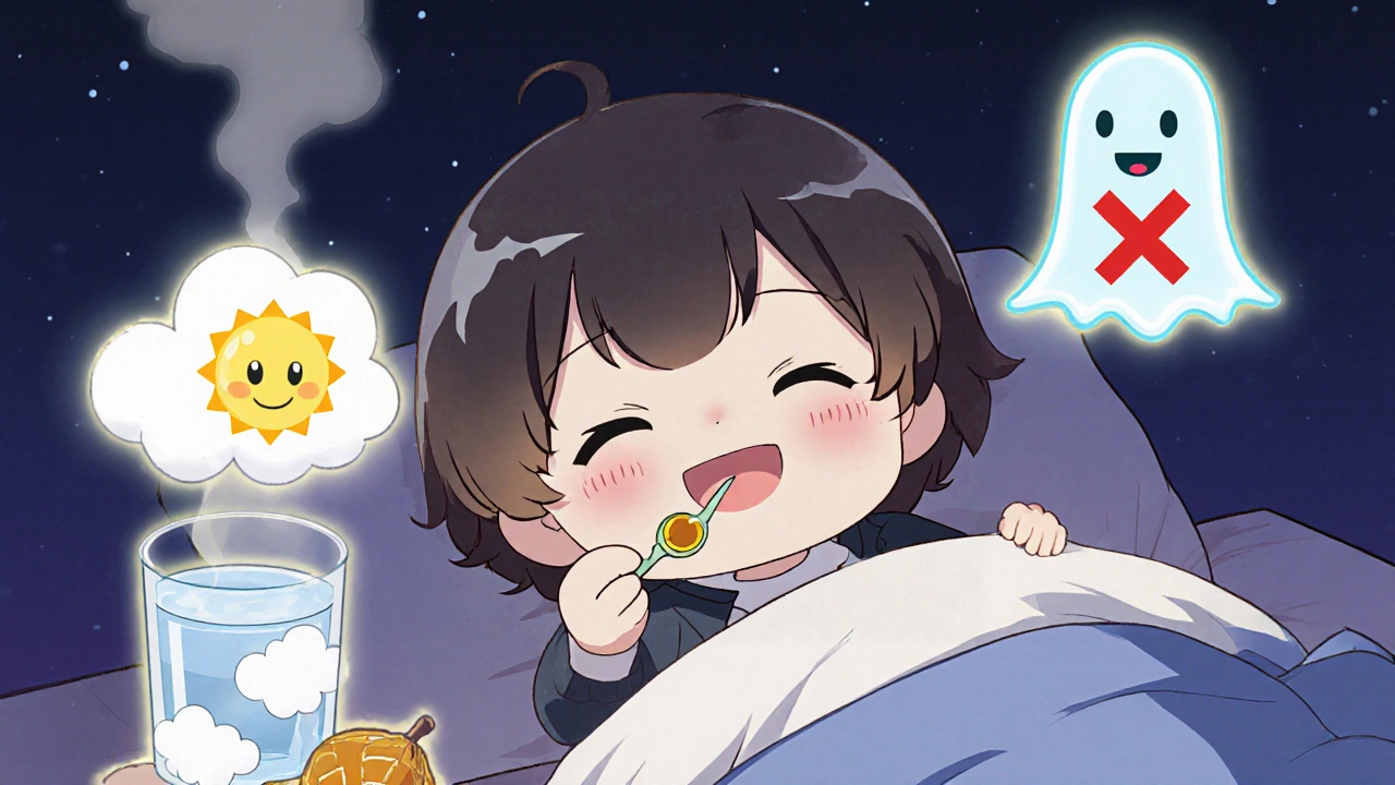 Child happily taking honey before bed with humidifier and water nearby.