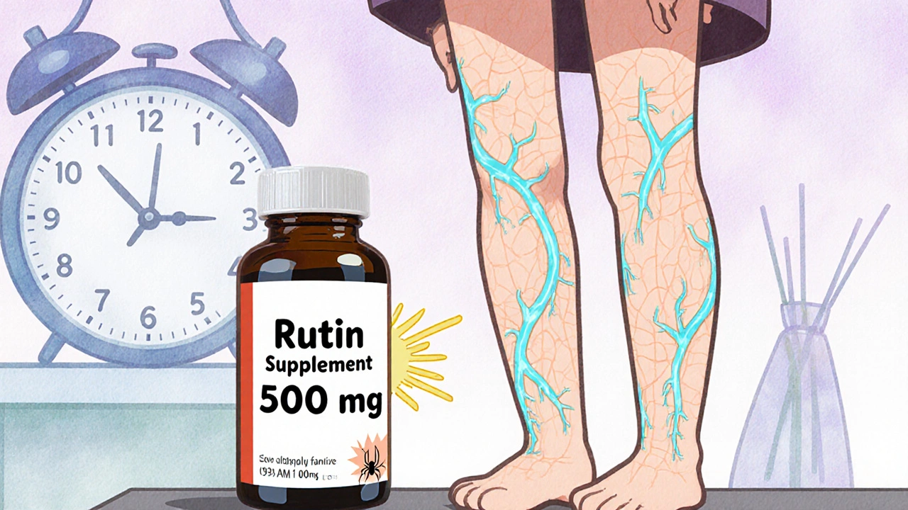 Cute legs with fading spider veins, glowing capillaries, and a rutin supplement bottle nearby.