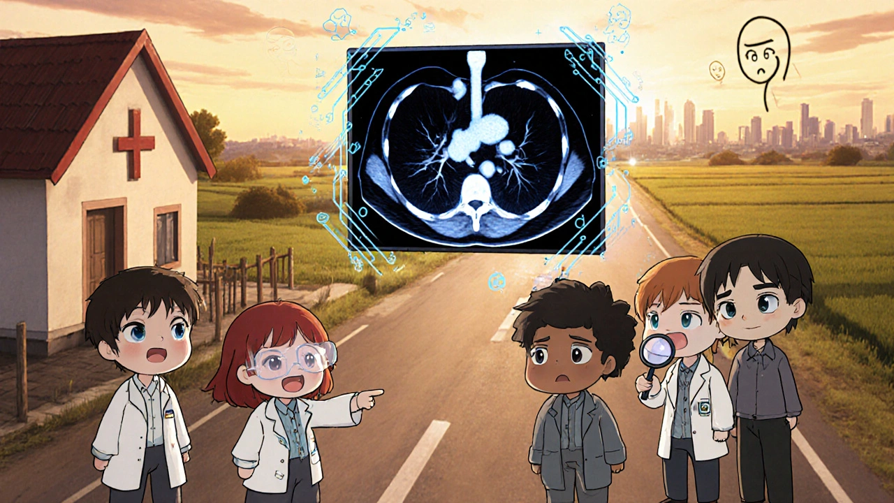 Diverse chibi characters examining a CT scan screen, rural clinic in background.