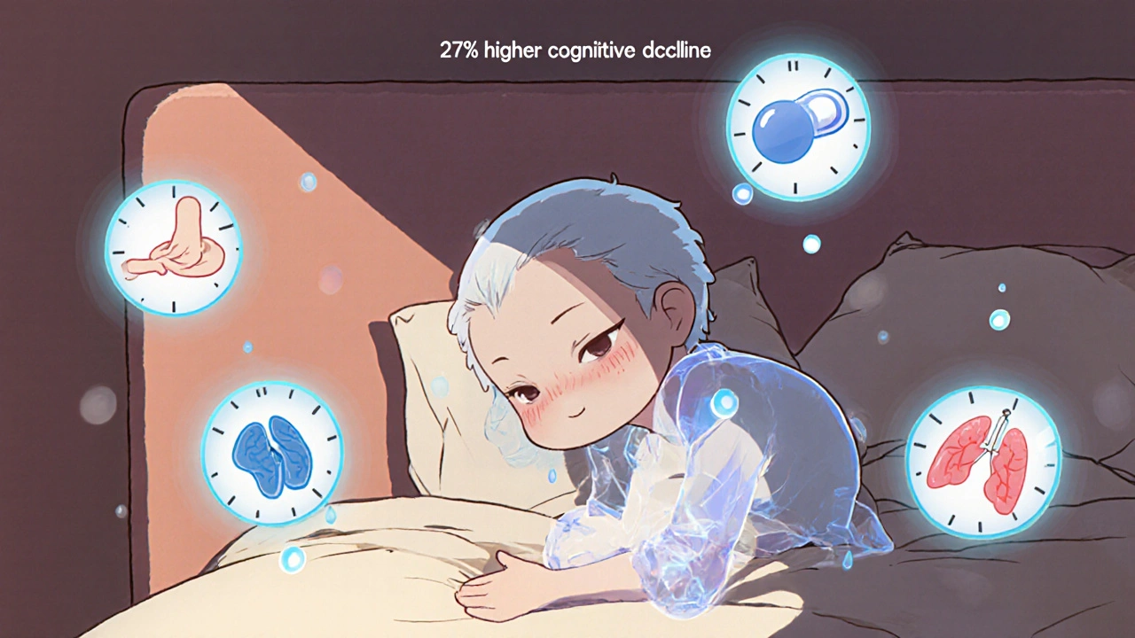 Elderly chibi figure collapsing amid floating pills, with brain and lung icons dimming.