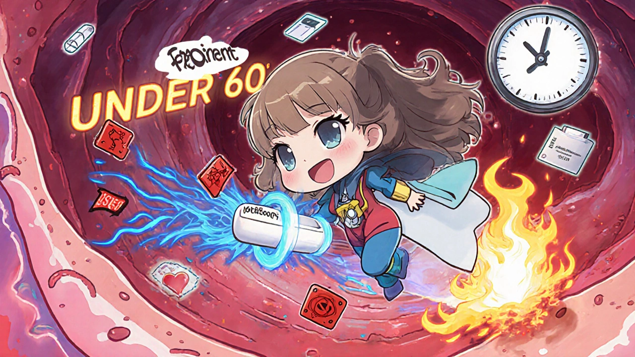 Fezolinetant pill superhero fighting hot flashes in a bloodstream adventure.