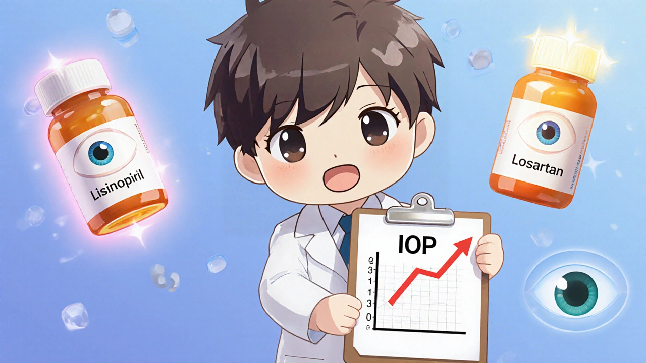 Friendly doctor showing eye pressure graph with alternative medications floating nearby.